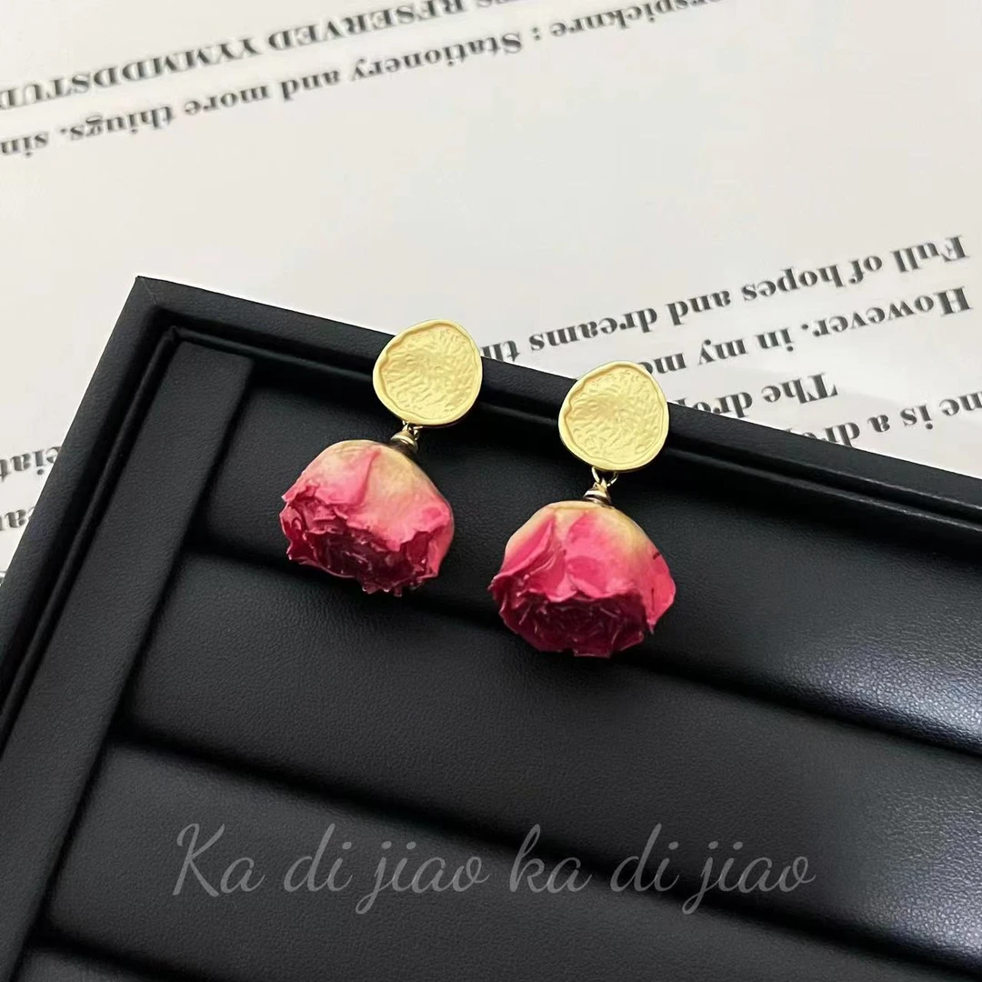 铜合金耳饰 小众设计感永生花玫瑰花干花耳环女复古国风耳饰r605