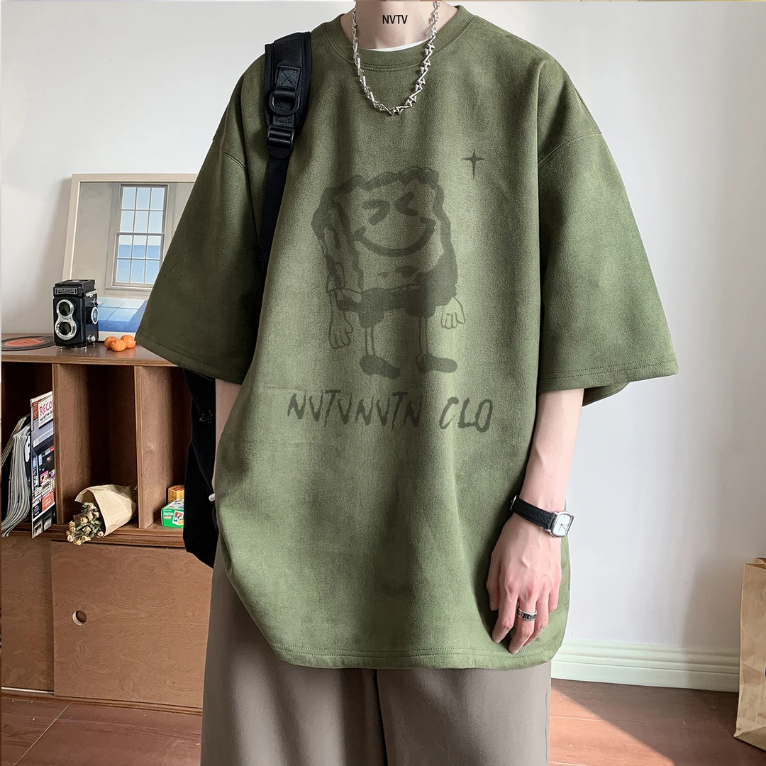 仿麂皮绒重磅短袖t恤男夏2025新款潮流美式oversize潮牌半袖衣服