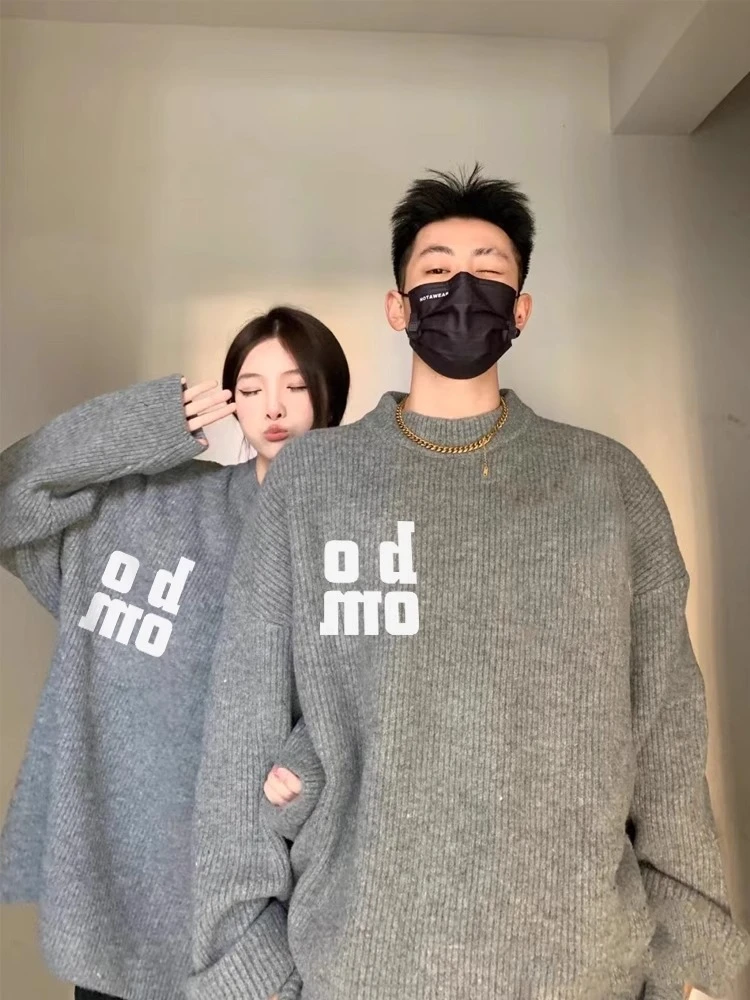 情侣装毛衣秋冬季新款2024外穿oversize针织衫韩版内搭打底灰色女