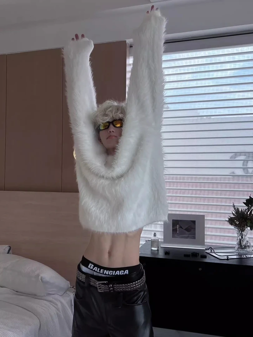 美式小众复古白色毛衣男宽松慵懒风秋冬季加厚小领口针织衫外套