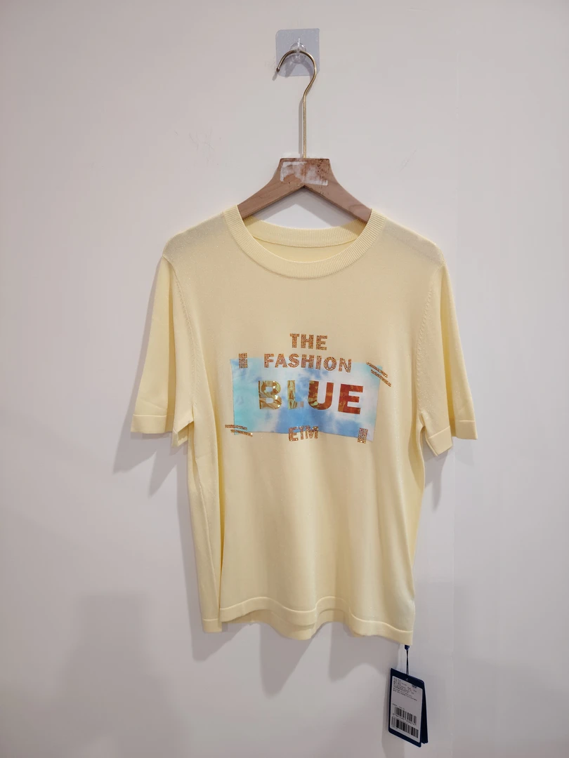 5642-夏季休闲时尚亮丝烫钻针织短袖