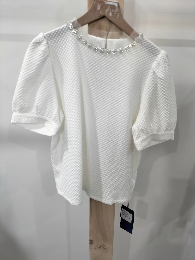 4278-亚美新款优雅泡泡袖圆领短袖