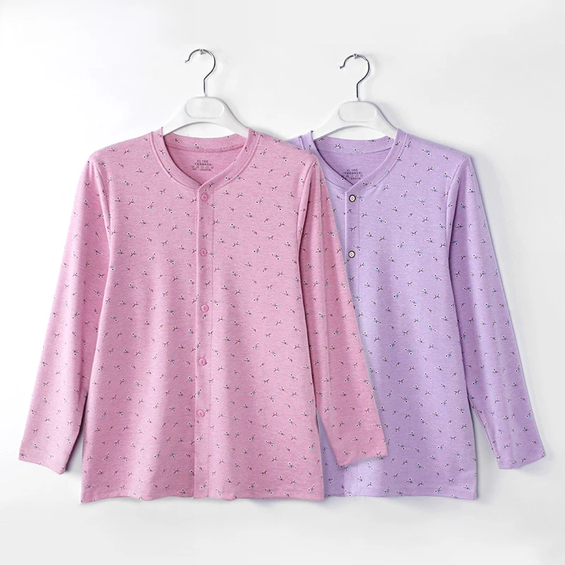 老年秋衣女开衫宽松纯棉开口系扣碎花对襟中老年加肥加大妈妈款