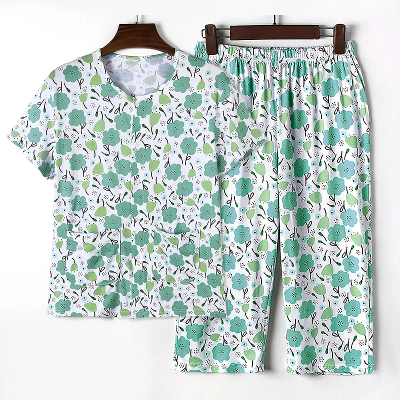 中老年女短袖七分裤套装夏开衫薄款汗衫纯棉对襟睡衣妈妈大码家居