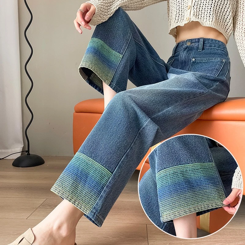 潮牌复古星空纹九分牛仔裤女2024秋季新款拼色宽松阔腿