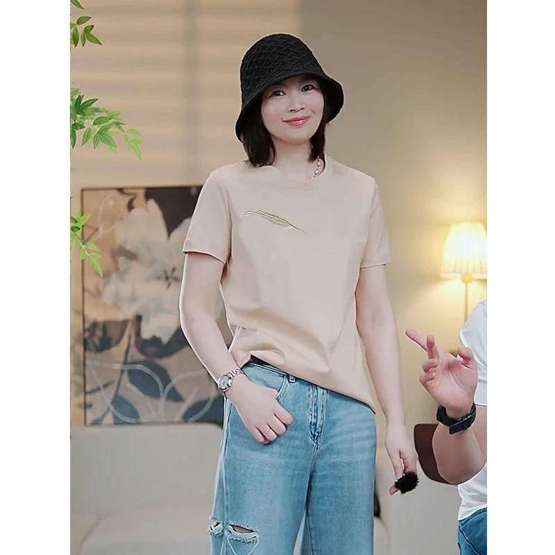 双面丝光棉简约刺绣短袖t恤女士圆领修身小衫纯棉时尚上衣2025夏