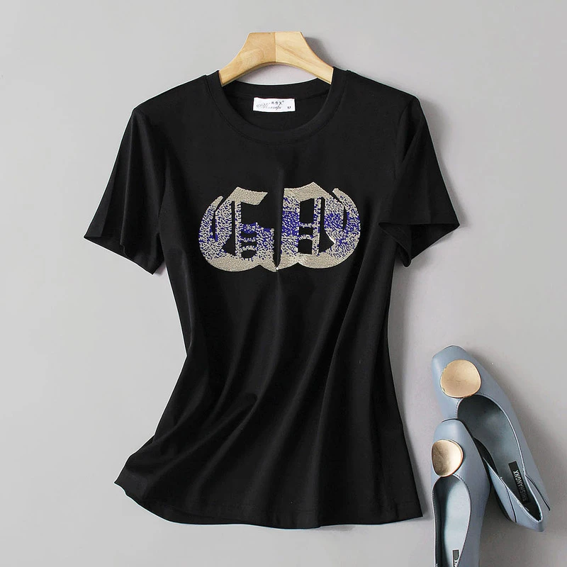 70支双面丝光棉短袖t恤轻奢重工亮片刺绣修身显瘦打底小衫女士txu