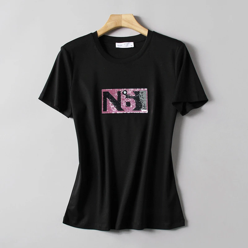 双面液氨丝光棉短袖t恤2025夏季亮片刺绣女士百搭纯棉小衫显瘦txu