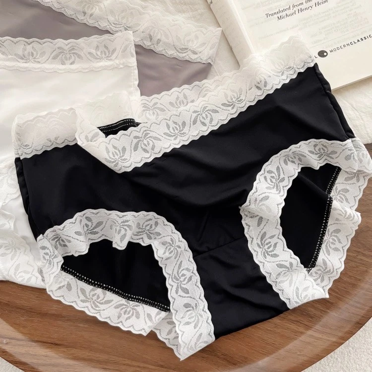 冰丝无痕中腰三角裤黑白灰薄款蕾丝透气少女生日系果冻内裤舒适