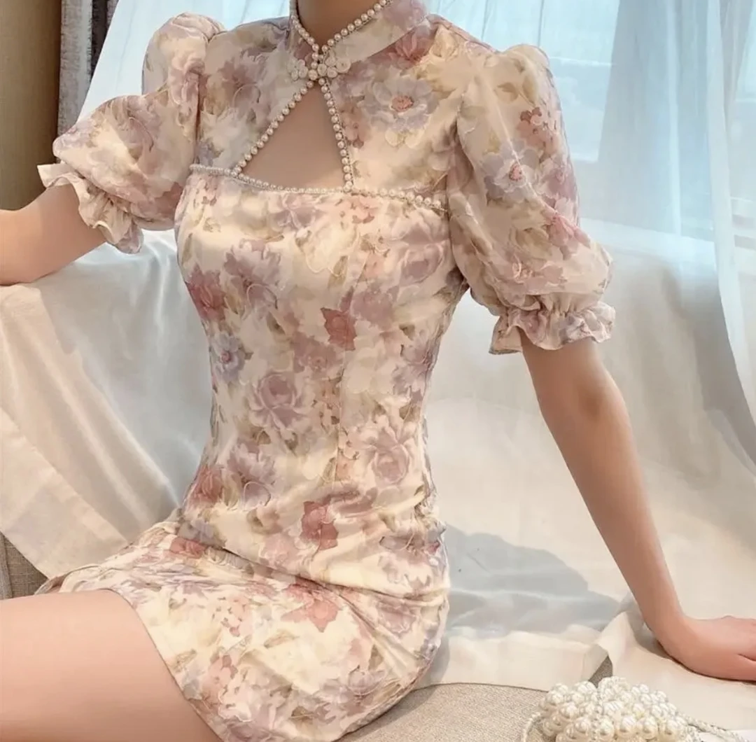 【1922人收藏】复古法式夏季泡泡袖新款温柔风改良版旗袍气质收腰