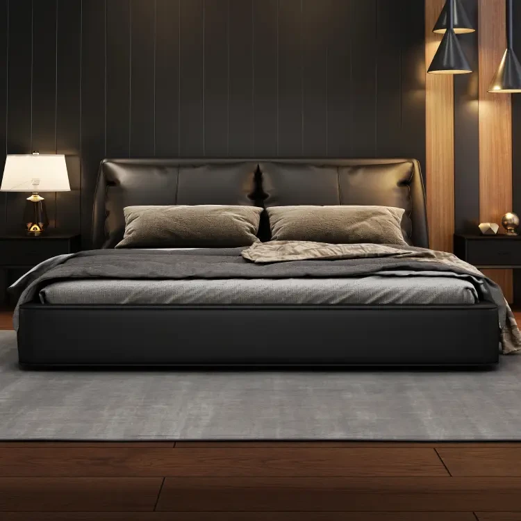 Z01#生态真皮钢木结合轻奢床现代大床主卧大气婚床网红储物软包床