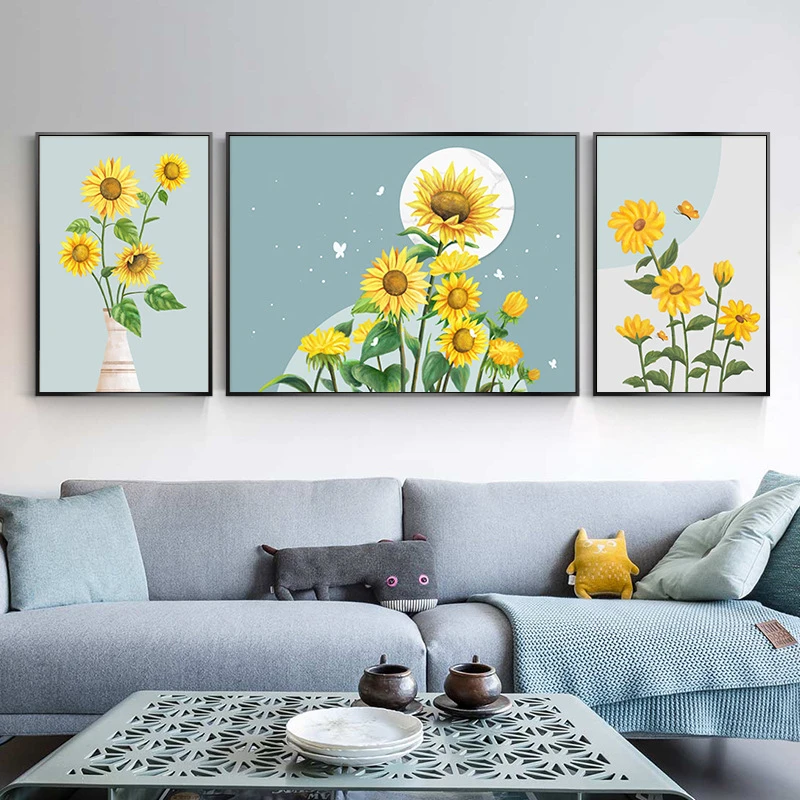 北欧风钻石画客厅三联画向日葵贴钻十字绣简约现代清新花卉5d满钻