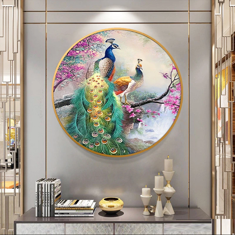 孔雀圆形钻石画5D满钻十字绣新款客厅玄关餐厅贴画钻石绣情侣挂画