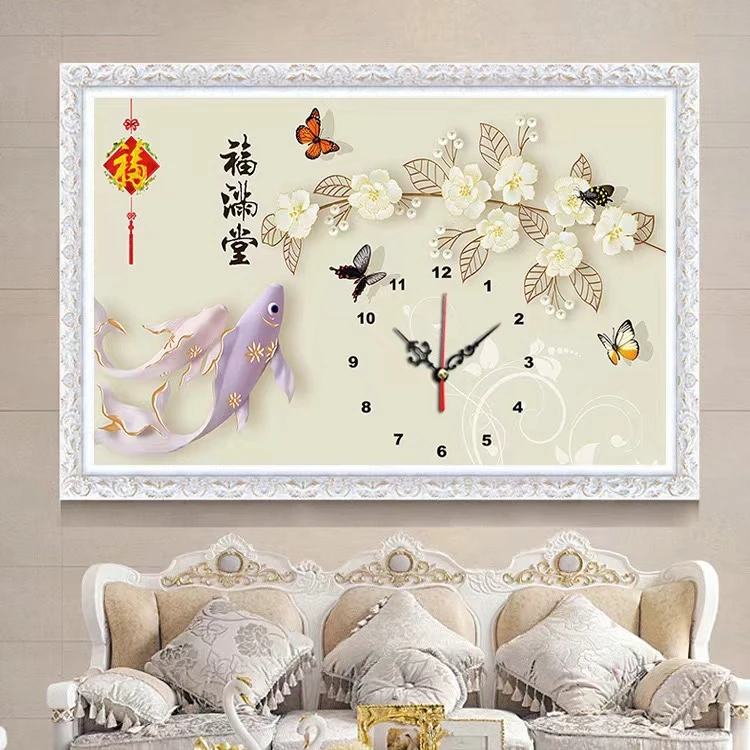 新款钟表钻石画5D满钻年年有余贴钻十字绣福满堂客厅餐厅简约挂钟