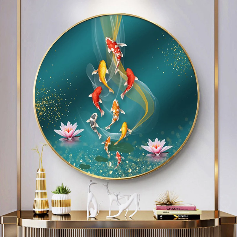 轻奢圆形荷花九鱼图钻石画满钻2023新款玄关5D贴钻十字绣客厅挂画