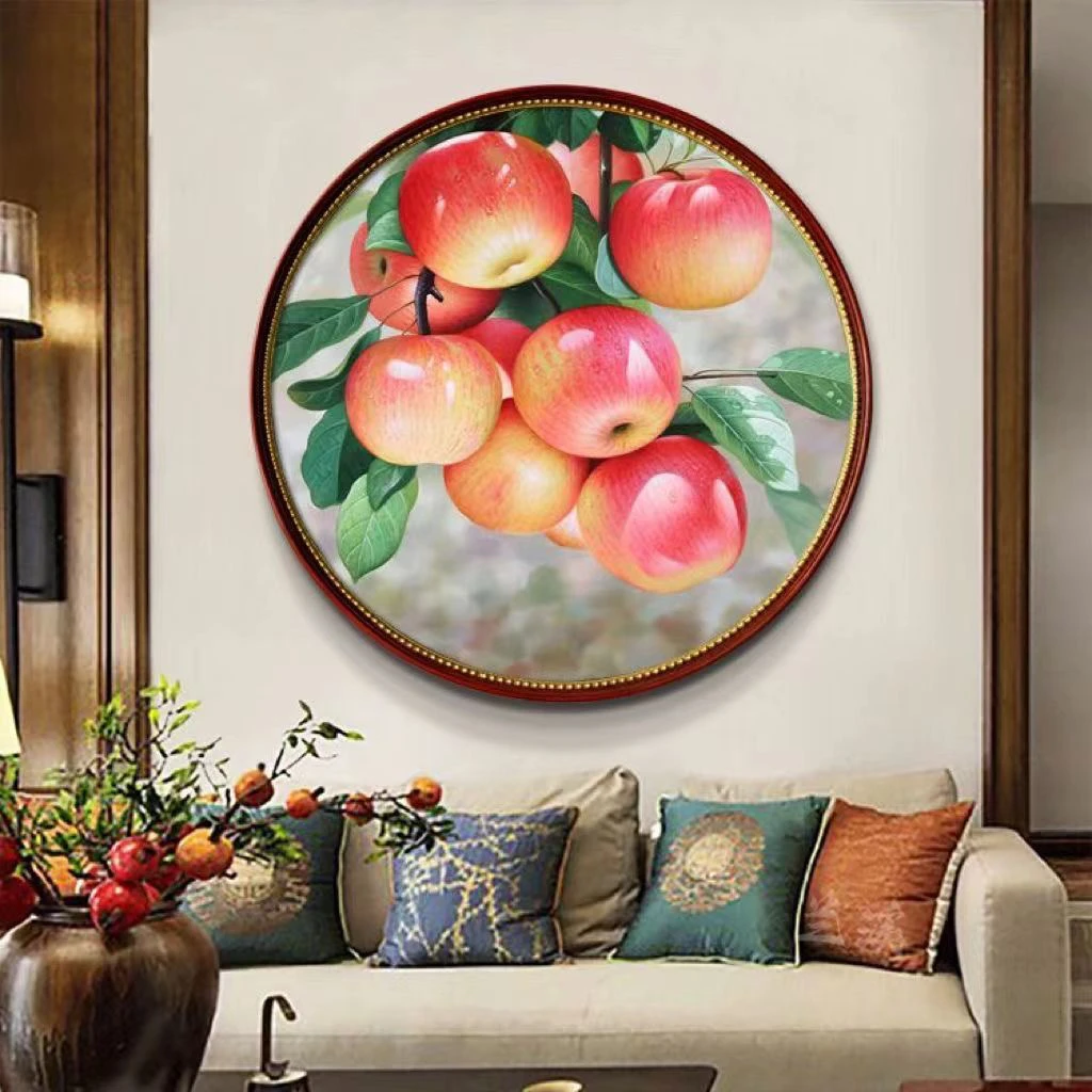 新中式苹果钻石画满钻2023新款5D圆形玄关平平安安贴钻十字绣挂画