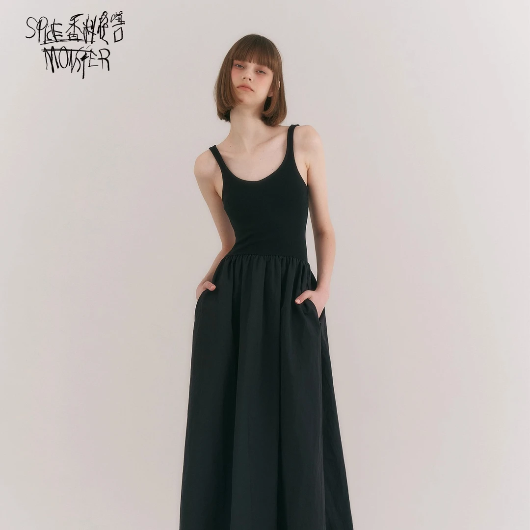 香料怪兽夏慵懒高级感针织中性风帅气带口袋百搭黑「背心连衣裙」