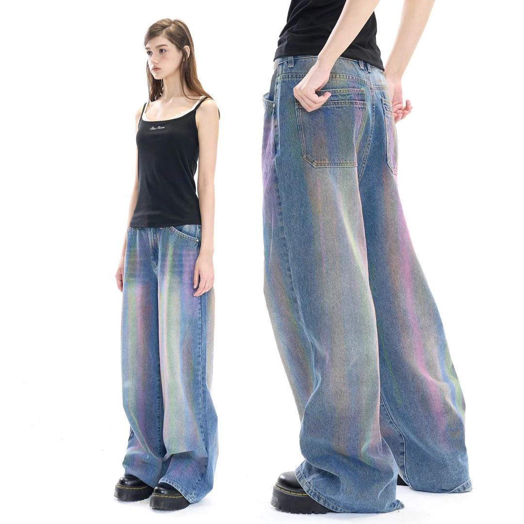 香料怪兽【彩虹裤】原创设计小众中低腰直筒休闲重工洗水牛仔裤