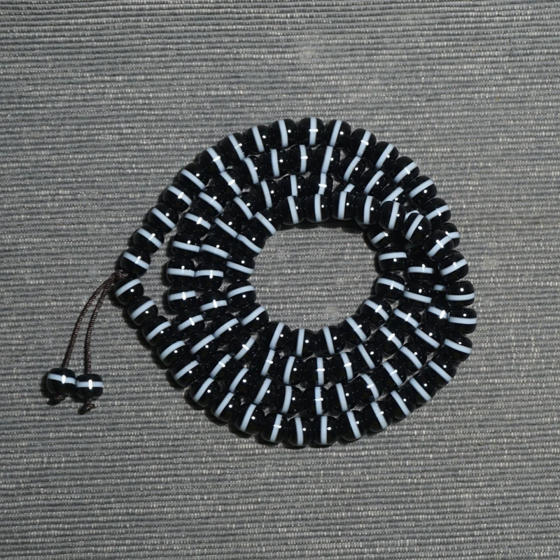 天然一线药师玛瑙桶珠手链 老型黑白一线手串项链佛珠8mm