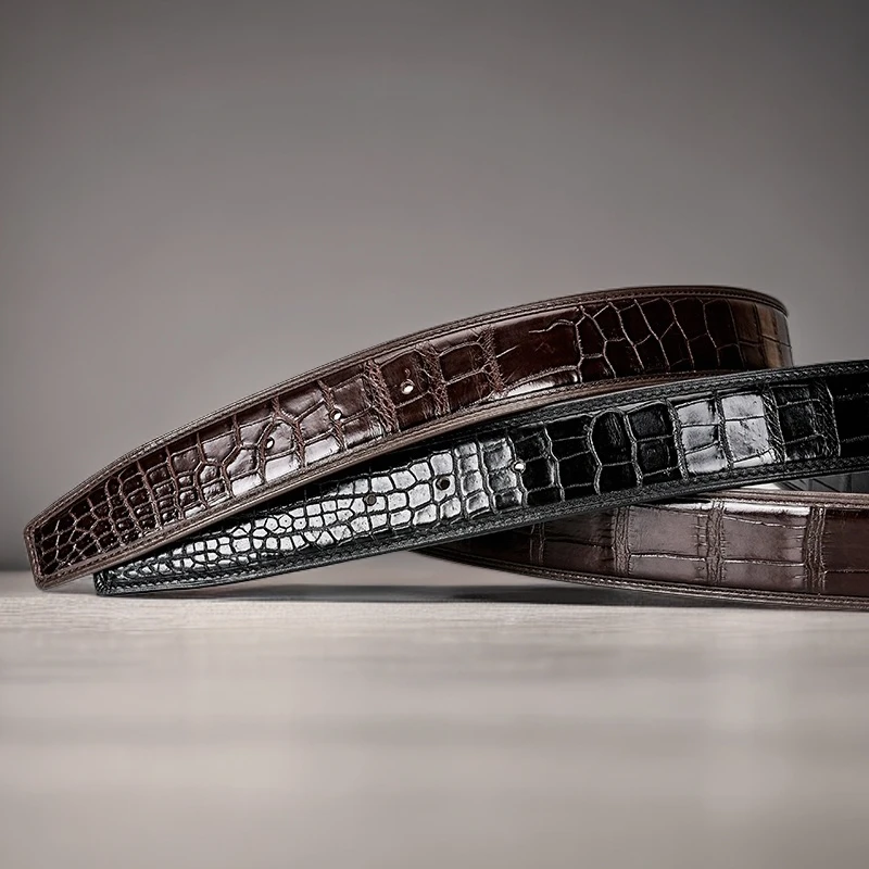 真皮鳄鱼皮皮带男士时尚高档不带头带身自动扣针扣经典腰带无拼接