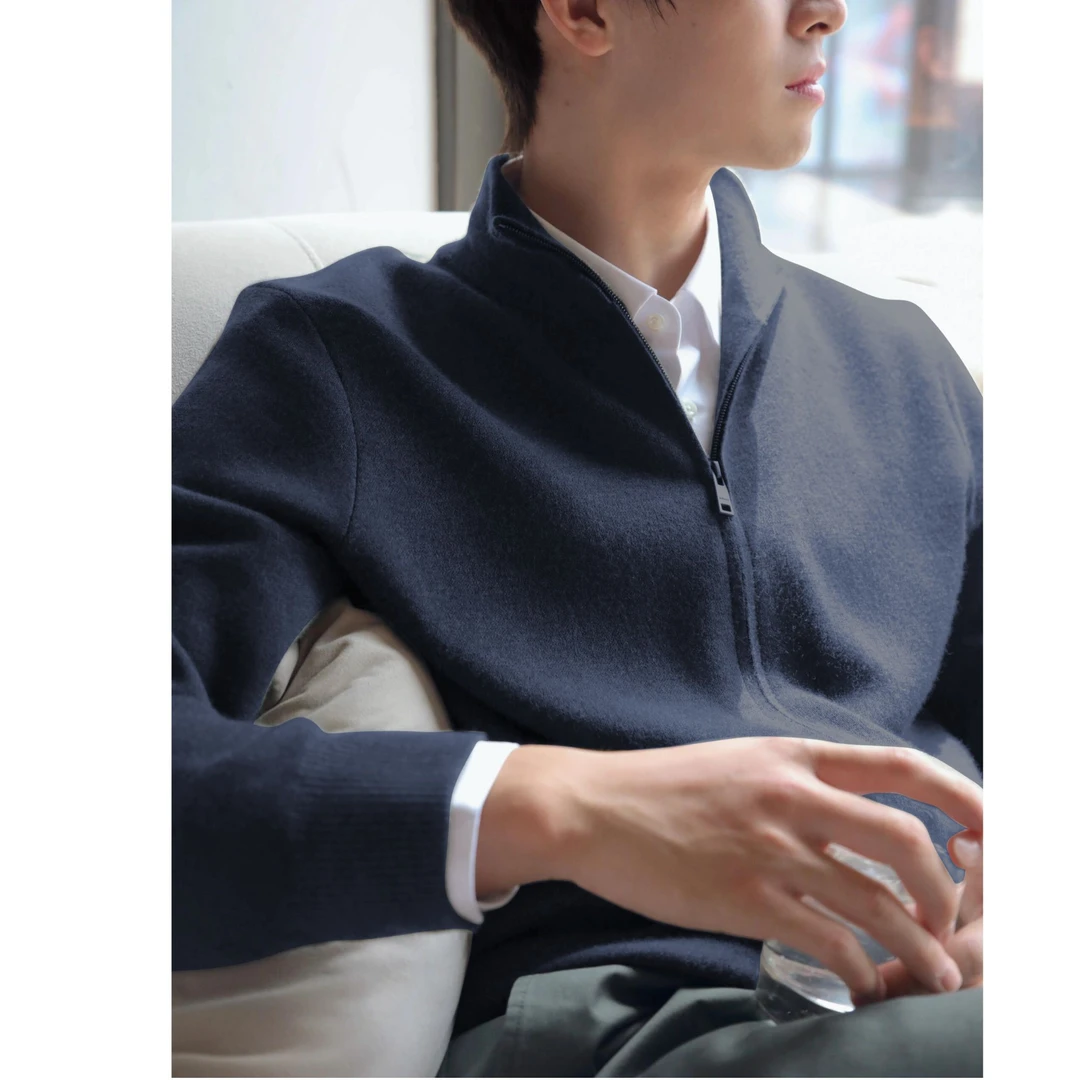 100%纯山羊绒男士精纺加厚针织开衫康赛妮纯色休闲男外套