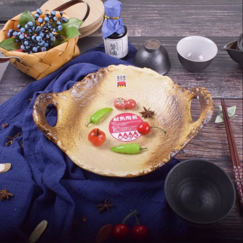 秋冬家居日本进口万古烧志野釉直火陶板炒菜烤肉锅烧烤盘陶土
