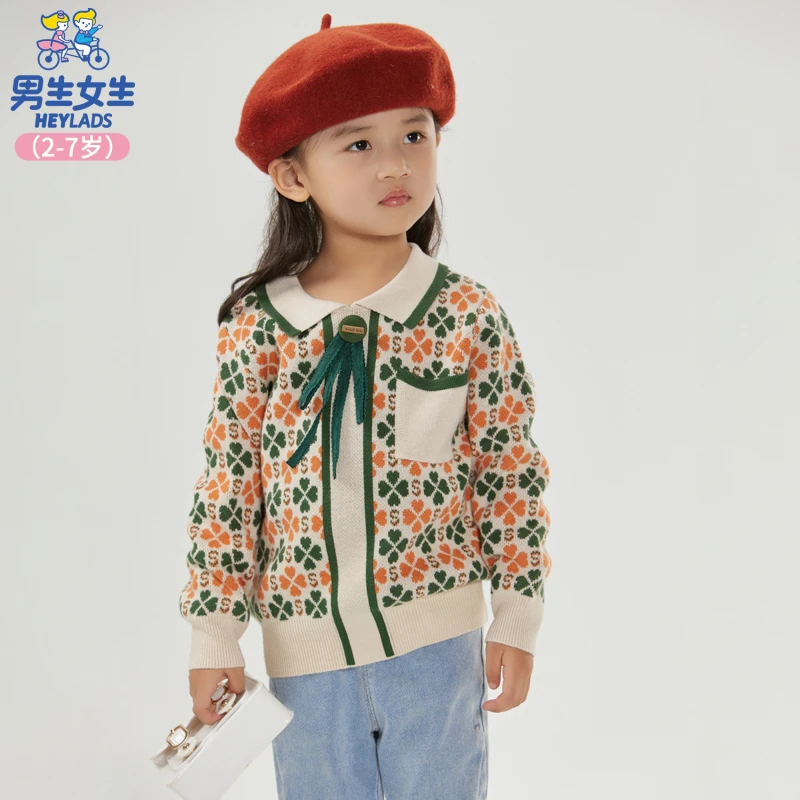 32707儿童秋季百搭复古宽松满印提花小童宝宝套头毛衣NJNBJ32707A