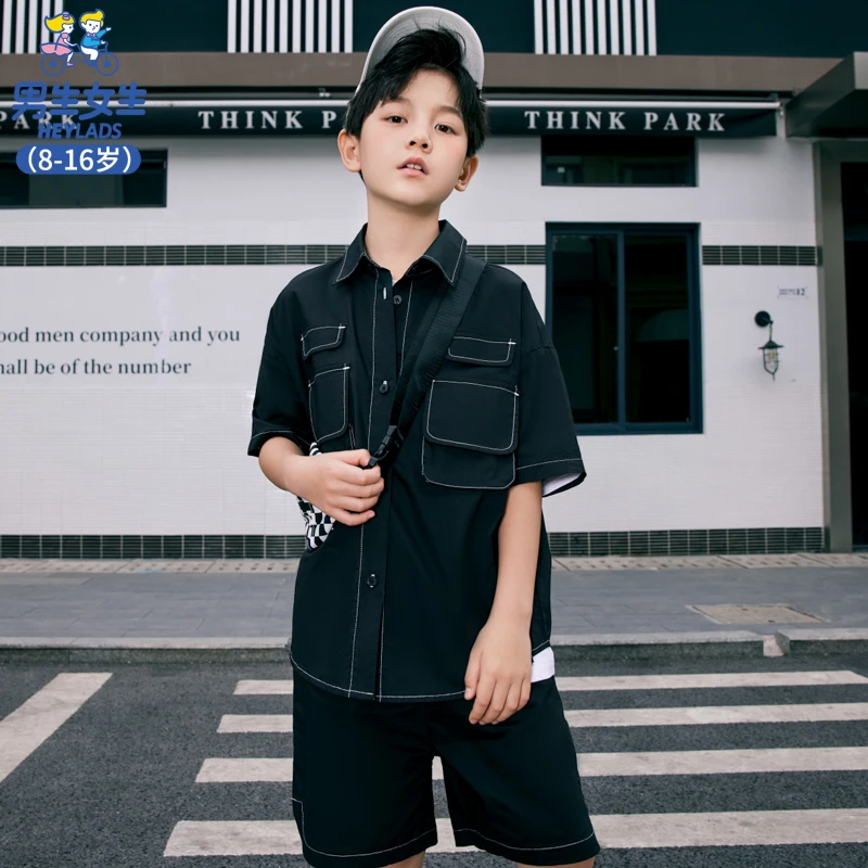 男生女生童装男童套装2024夏装儿童牛仔短袖衬衫休闲短裤两件套潮