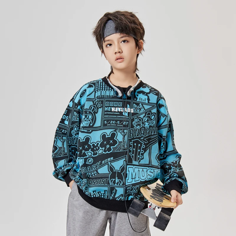 13015男童春秋时尚休闲宽松潮流印花中大童圆领卫衣NJNCJ13015A