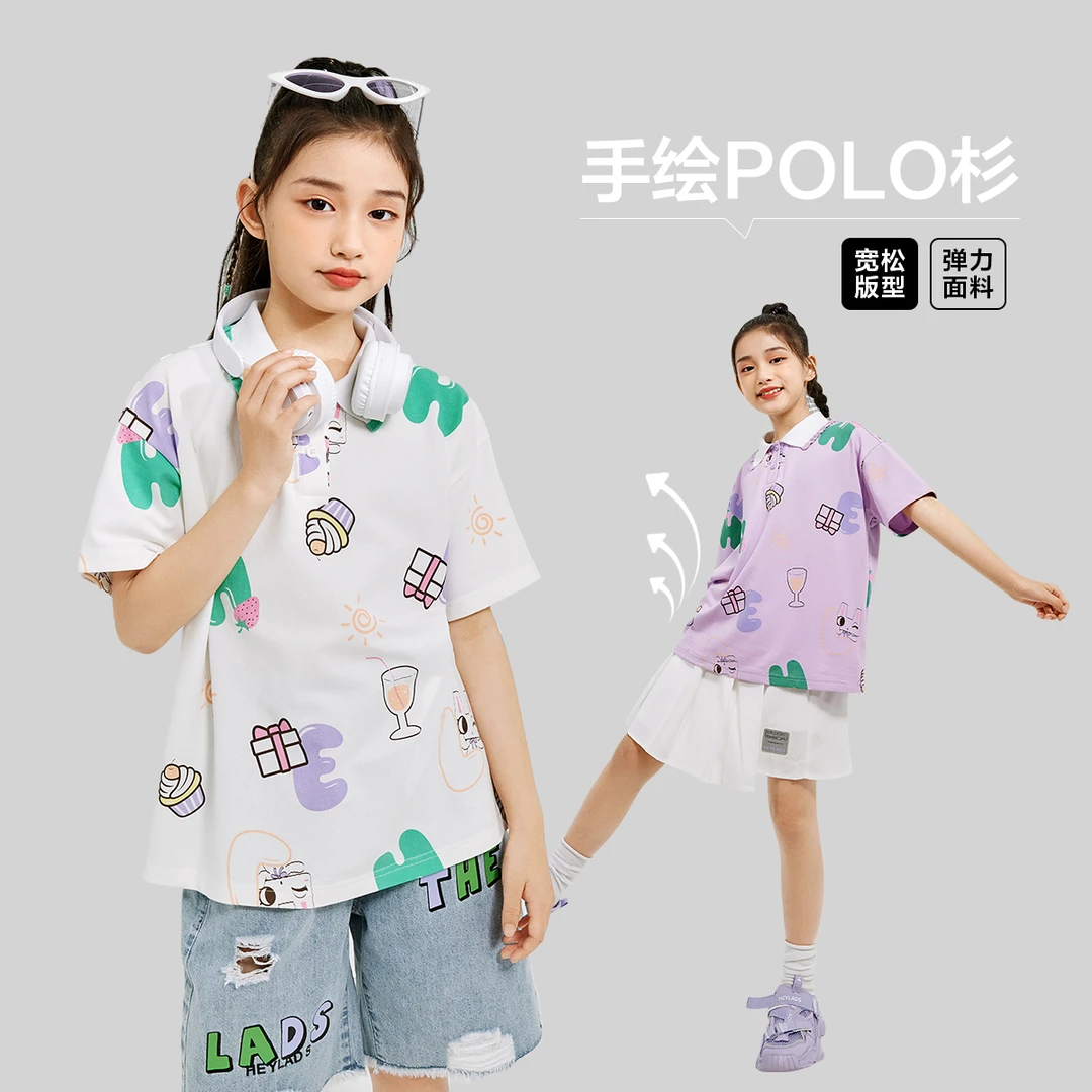 23560儿童夏季洋气时尚女童宽松满印中大童POLO衫NJTAJ23560A