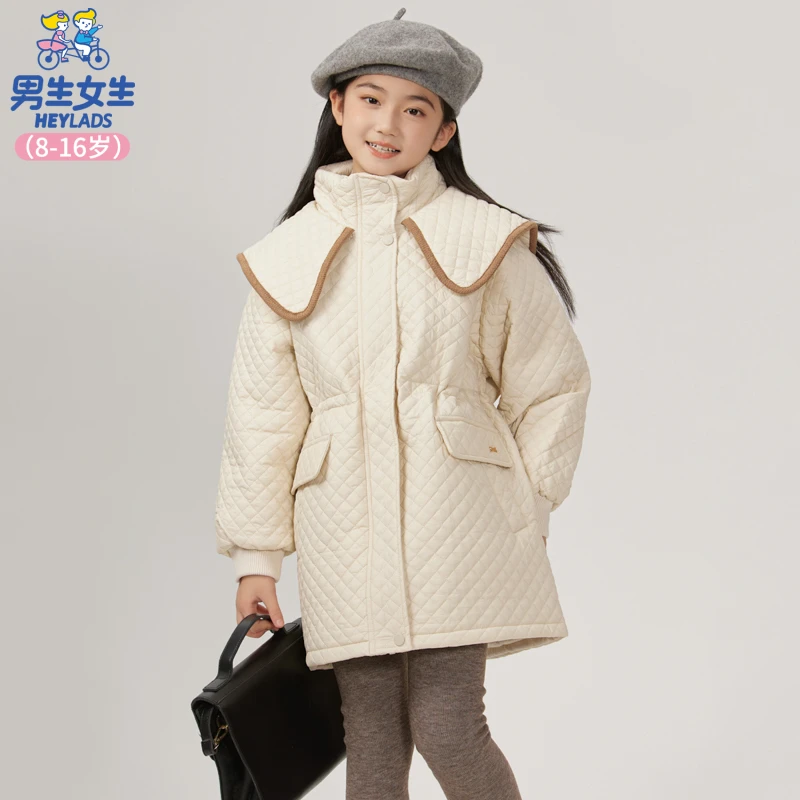 32545女童秋冬时尚翻领棉服菱形格夹棉长款加厚外套NCMAJ32545A