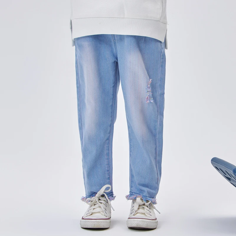 12765女小童春秋宽松潮流百搭直筒破洞儿童牛仔长裤NPNEJ12765N