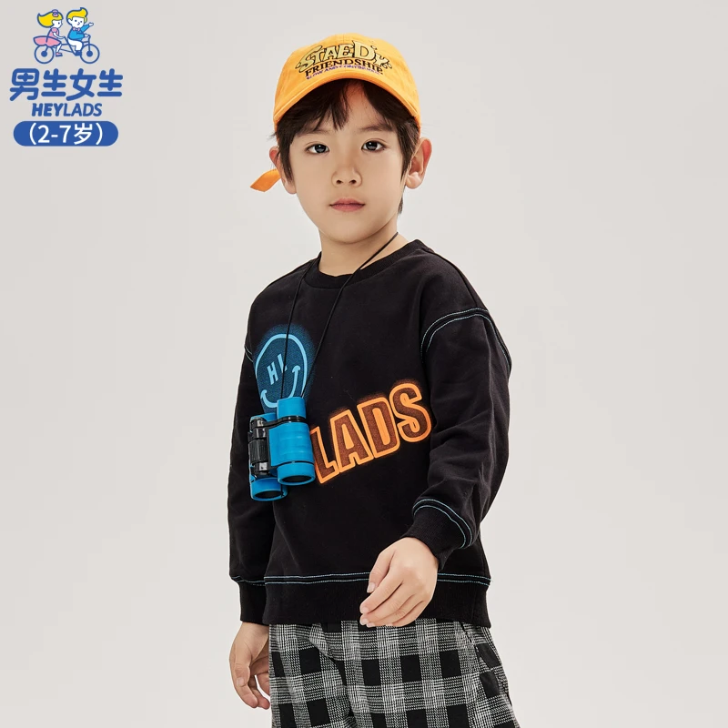 13177男小童春秋长袖休闲宽松印花拼接儿童圆领卫衣NJNCJ13177A