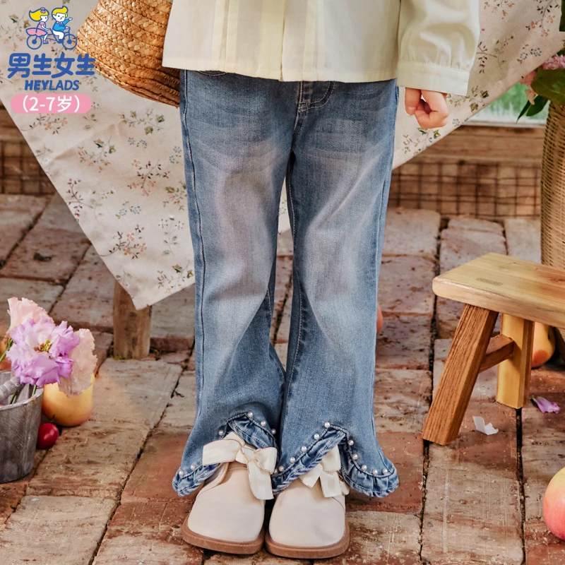 14740女小童春秋时尚潮流喇叭儿童宝宝牛仔长裤NPNEJ14740*
