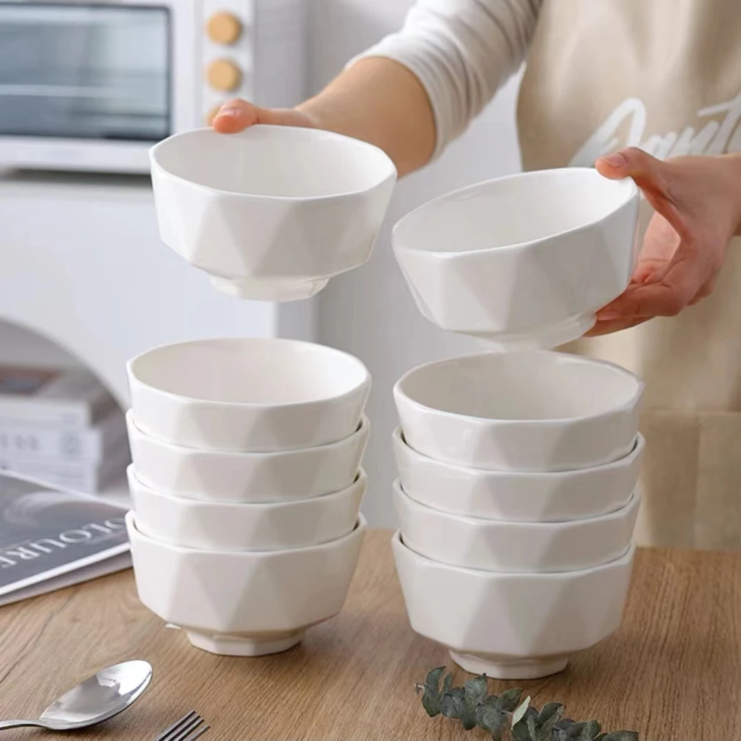 纯白钻石白边10个装4.5英寸家用简约陶瓷大碗米饭碗