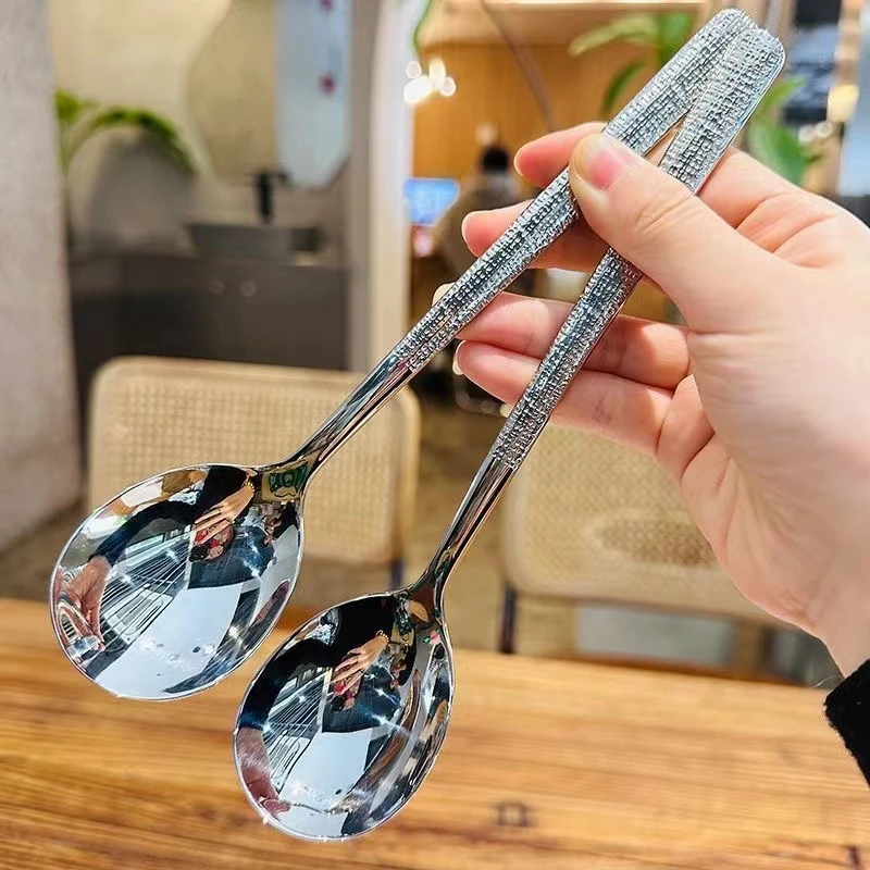 高颜值不锈钢捶纹家用餐厅长柄甜品吃饭调羹韩式勺