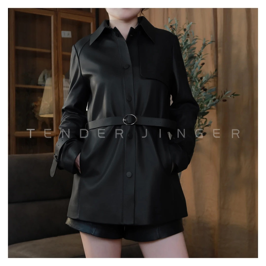 Tender Jinger【专柜】2023秋冬腰带翻领中长款皮衣T2309MDD815D