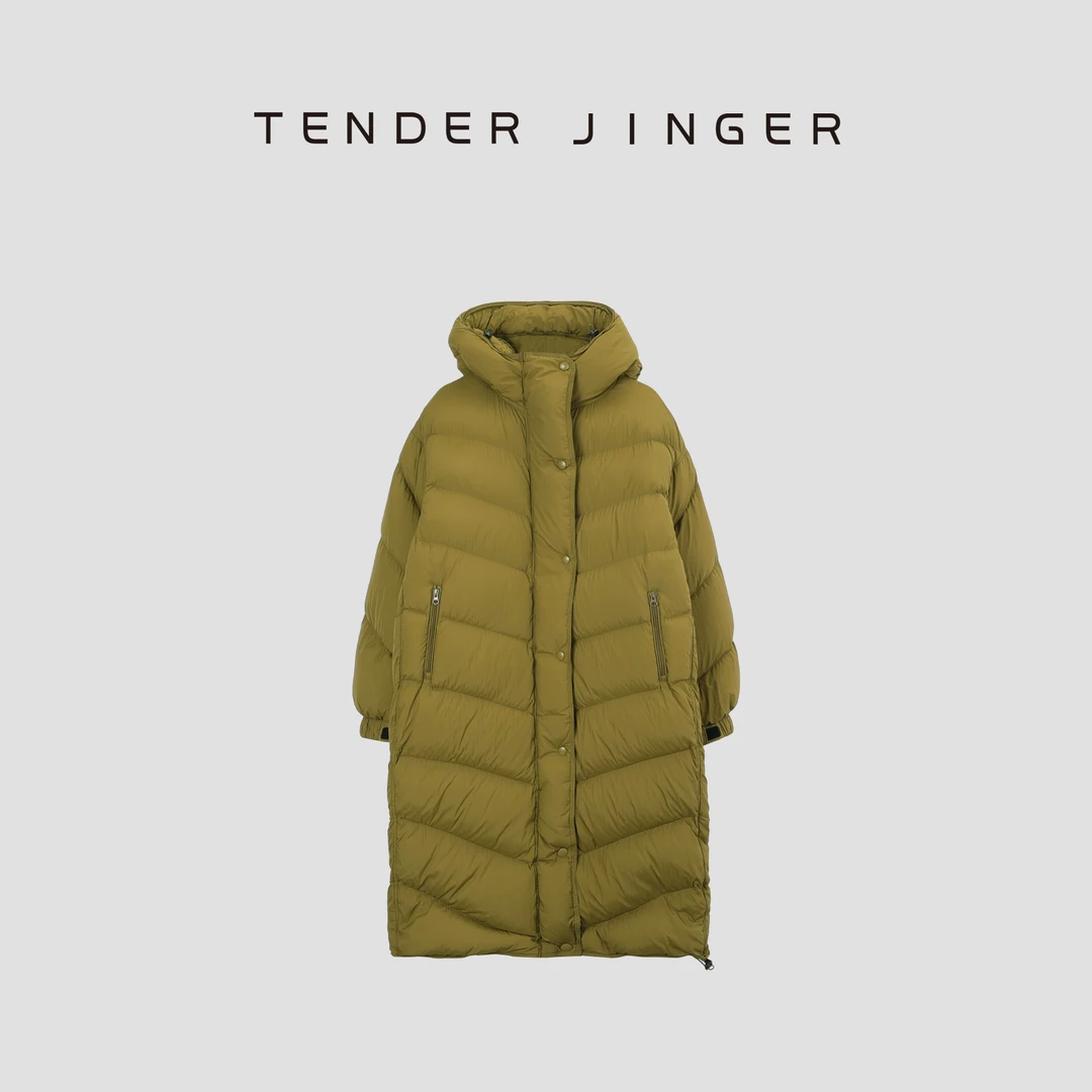 Tender Jinger【黑标】时尚休闲斜格廓形连帽长款鹅绒服T44ERF308E