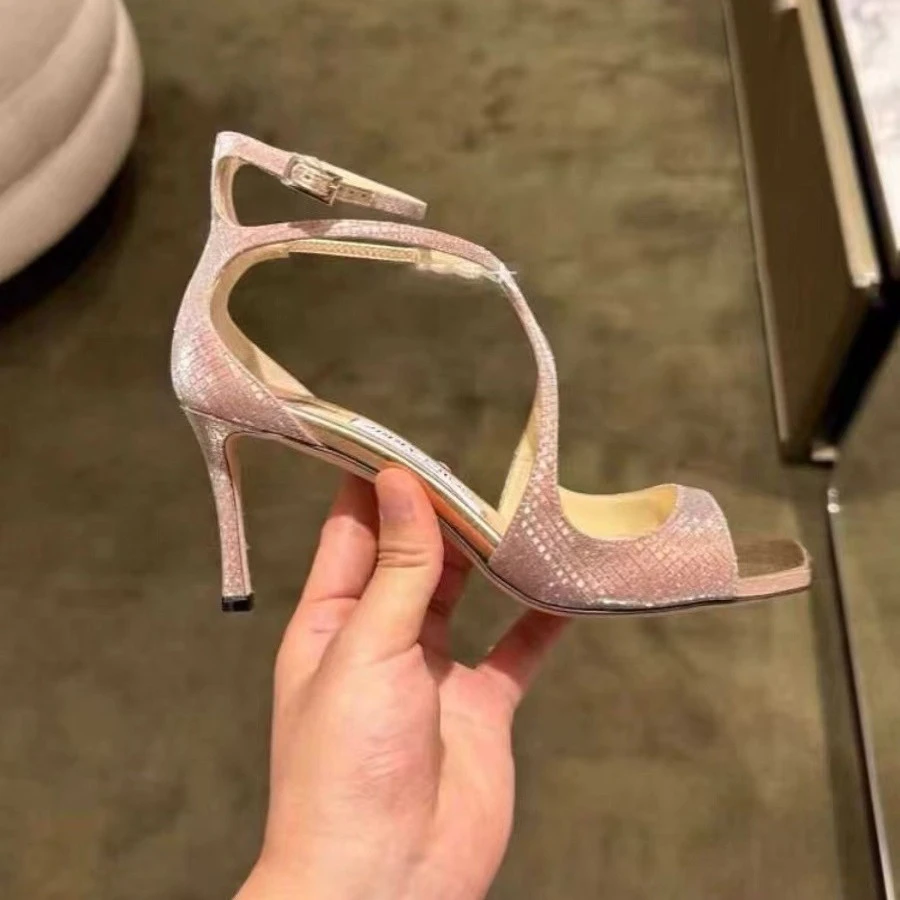 气质时尚高跟鞋女鱼嘴方头金色亮片一字扣夏季交叉绑带罗马凉鞋女