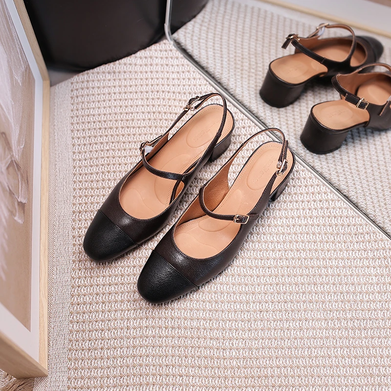 半坊手工女鞋|34-40|4.5cm|法式小香风拼色圆头后空一字带凉鞋女