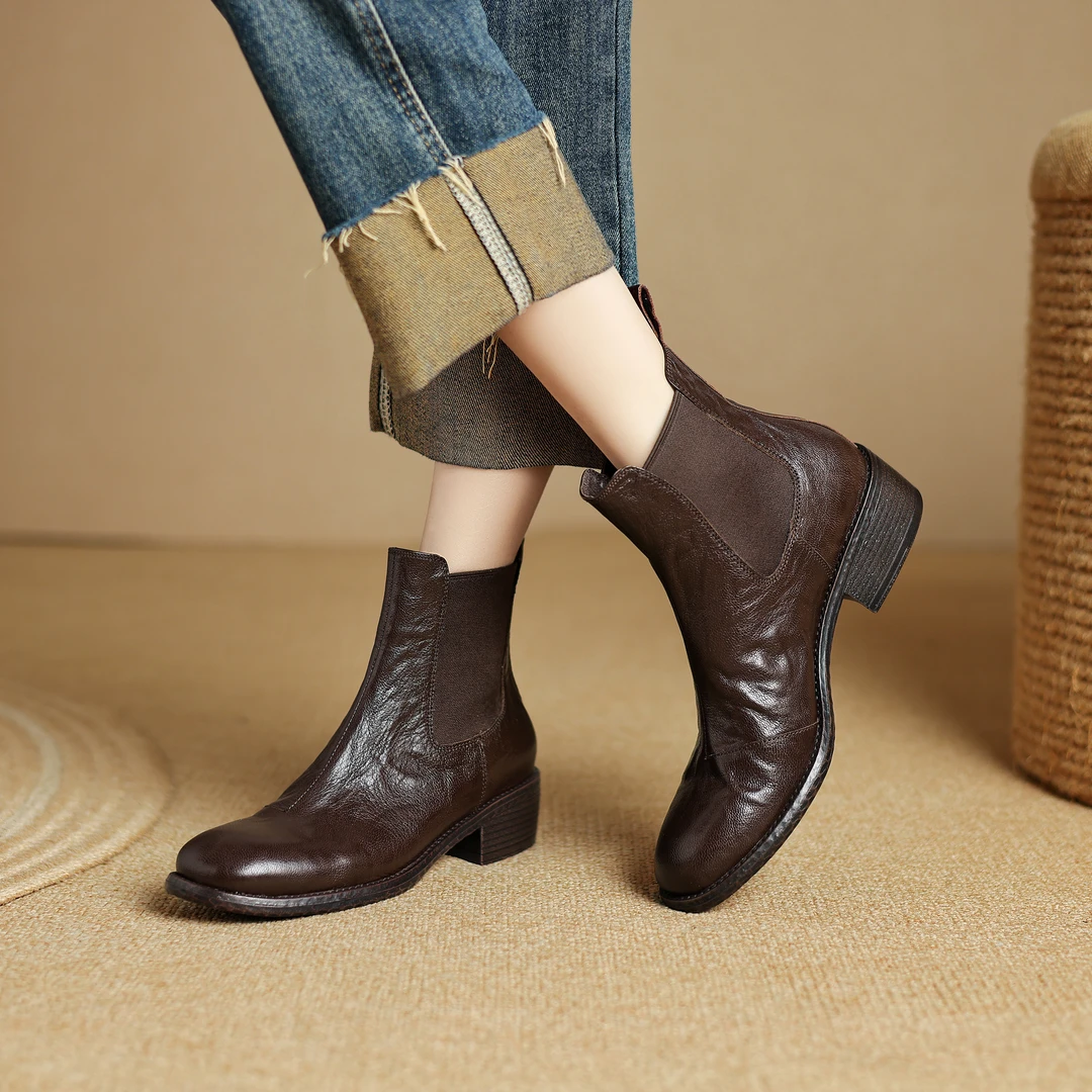 【高口碑分】/34-40/3.5cm/法式复古圆头粗跟真皮软面切尔西短靴女