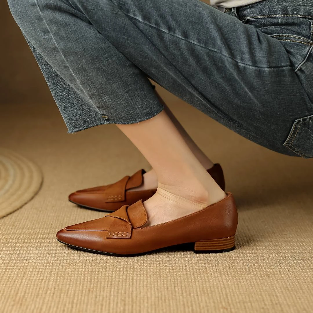 Rich品质女鞋|34-40|2cm|尖头粗跟真皮百搭中跟复古乐福鞋单鞋女