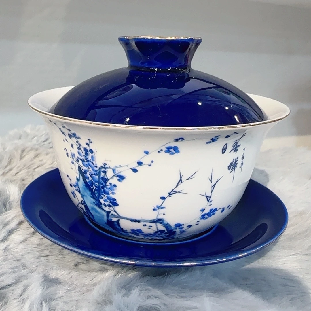 潮汕瓷釉下彩茶具手工中式复古家用陶瓷大号手绘大容量特大茶盖碗