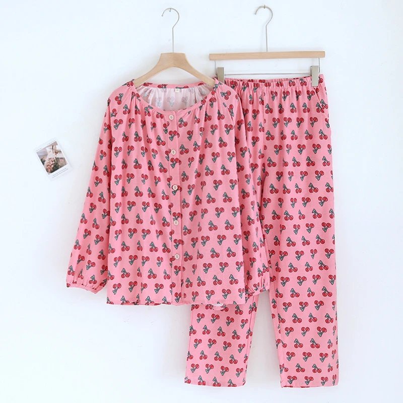 502 女士红色樱桃宽松春秋长袖长裤睡衣女套装