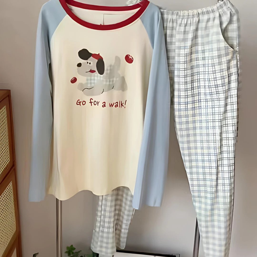 1314 女士套头长袖长裤宽松睡衣家居服套装