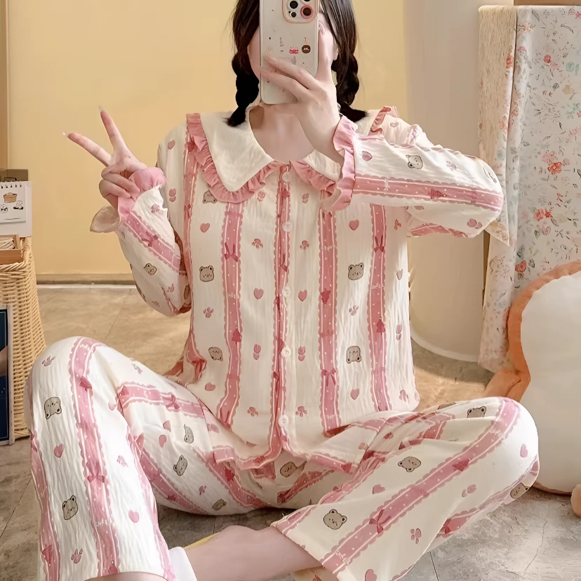 329 爱心小熊 双层棉纱 娃娃领带胸垫睡衣