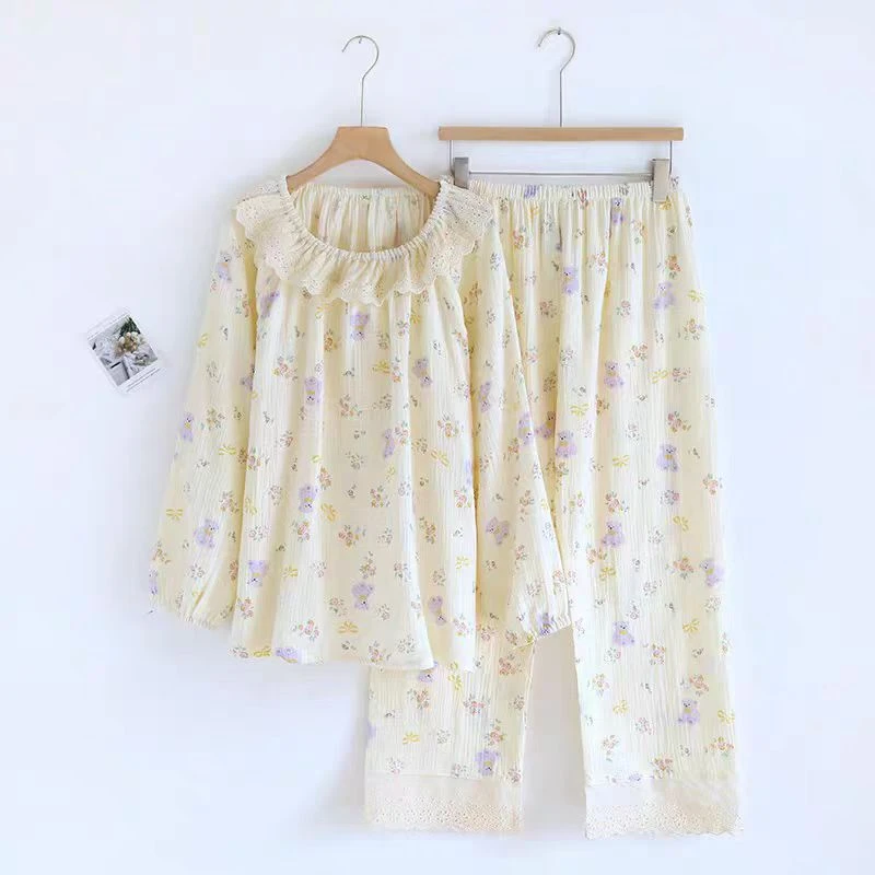 514 碎花紫色小熊 女士长袖长裤纯棉休闲舒适甜美透气睡衣家居服