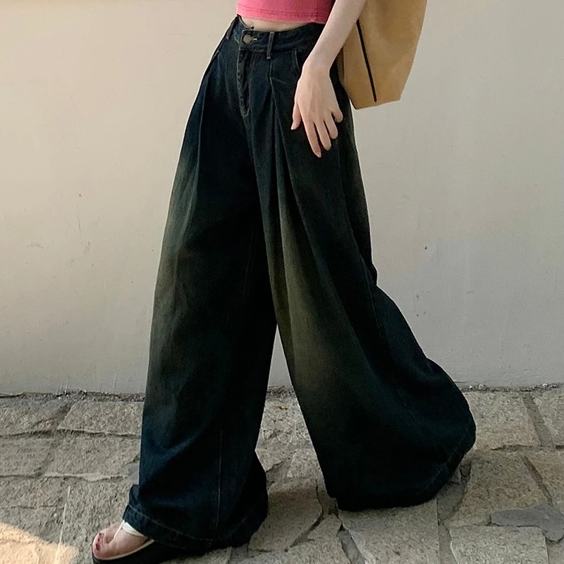 【小圆同款】阔腿裤水洗高腰牛仔裤阔腿裤黑色垂感高街设计感ins