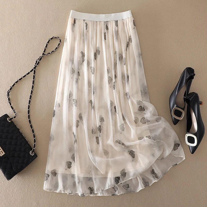 碎花真丝桑蚕丝半身裙女中长款夏季新款高腰显瘦气质百搭印花A字