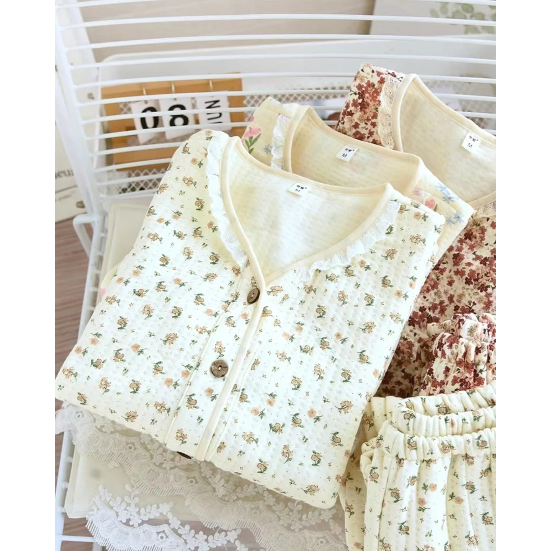 【A类】纯棉睡衣女士秋冬保暖空气棉三层夹棉V领碎花全棉家居服套装